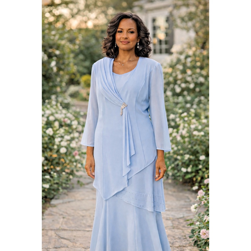 VYG Light Blue Chiffon 3-Piece Suit Set | Skirt Tank Jacket Scarf | Crystal